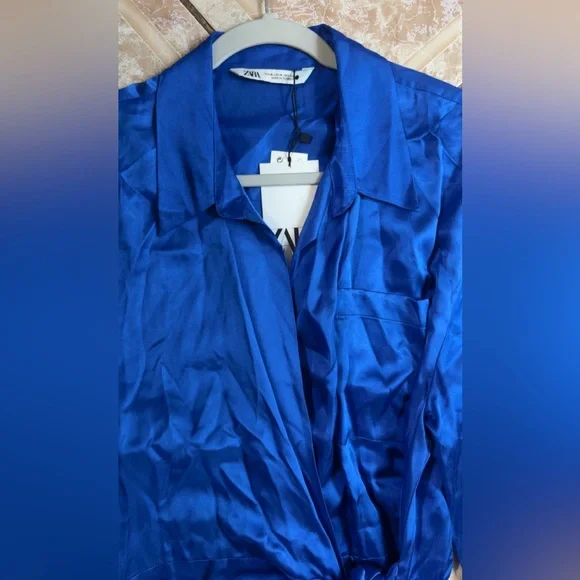 Zara Blue Wrap Around Long Sleeve Dress with Elegant Draping - Picture 4 of 11